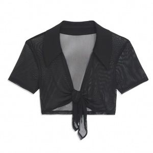 WeWoreWhat Power Mesh Tie-Front Top, Black - Medium NWT